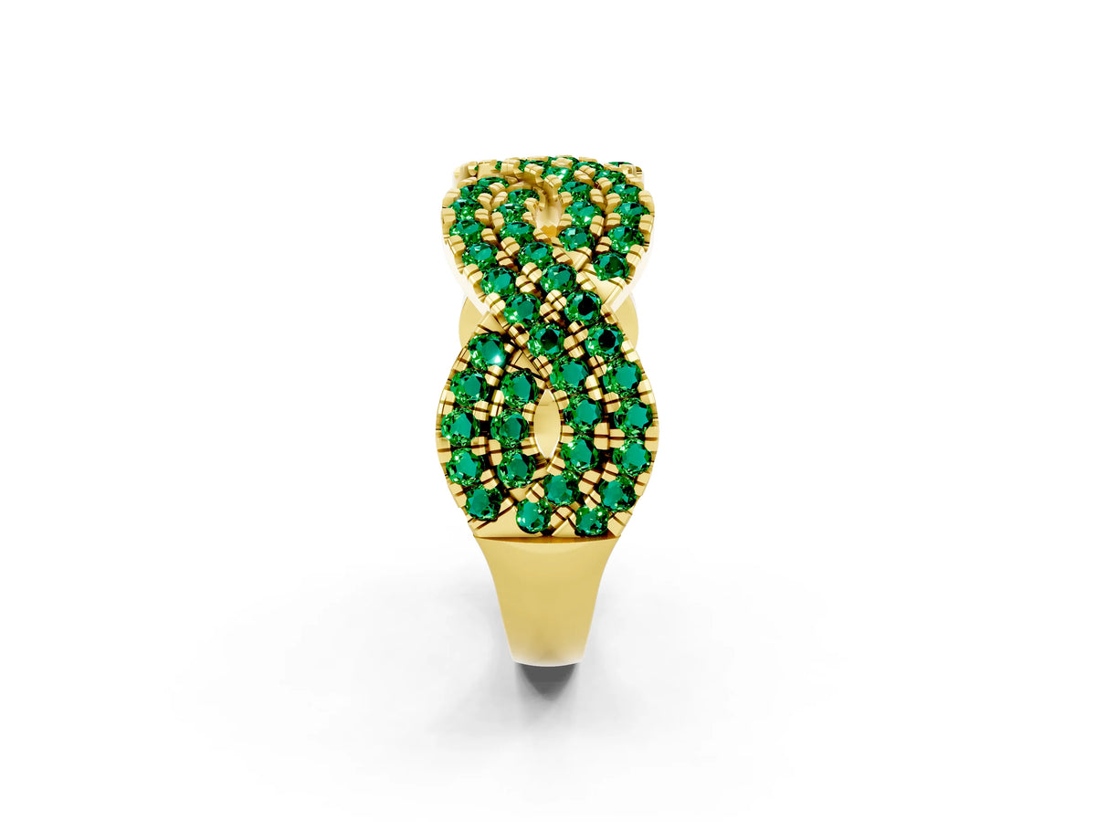 Pavé Round Emerald Infinity Twist Band in Yellow gold with Shared Prong Setting_2