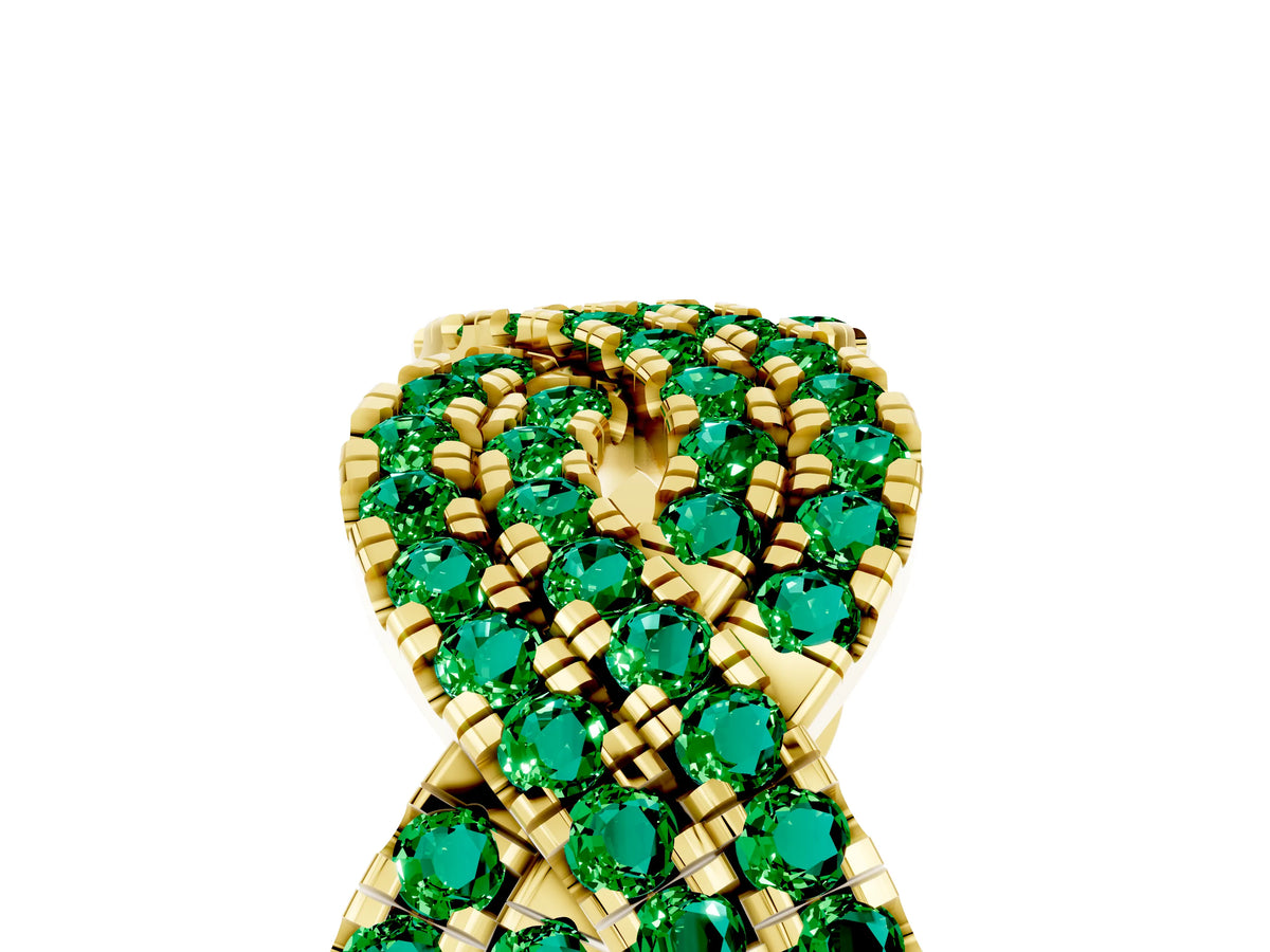 Pavé Round Emerald Infinity Twist Band in Yellow gold with Shared Prong Setting_5