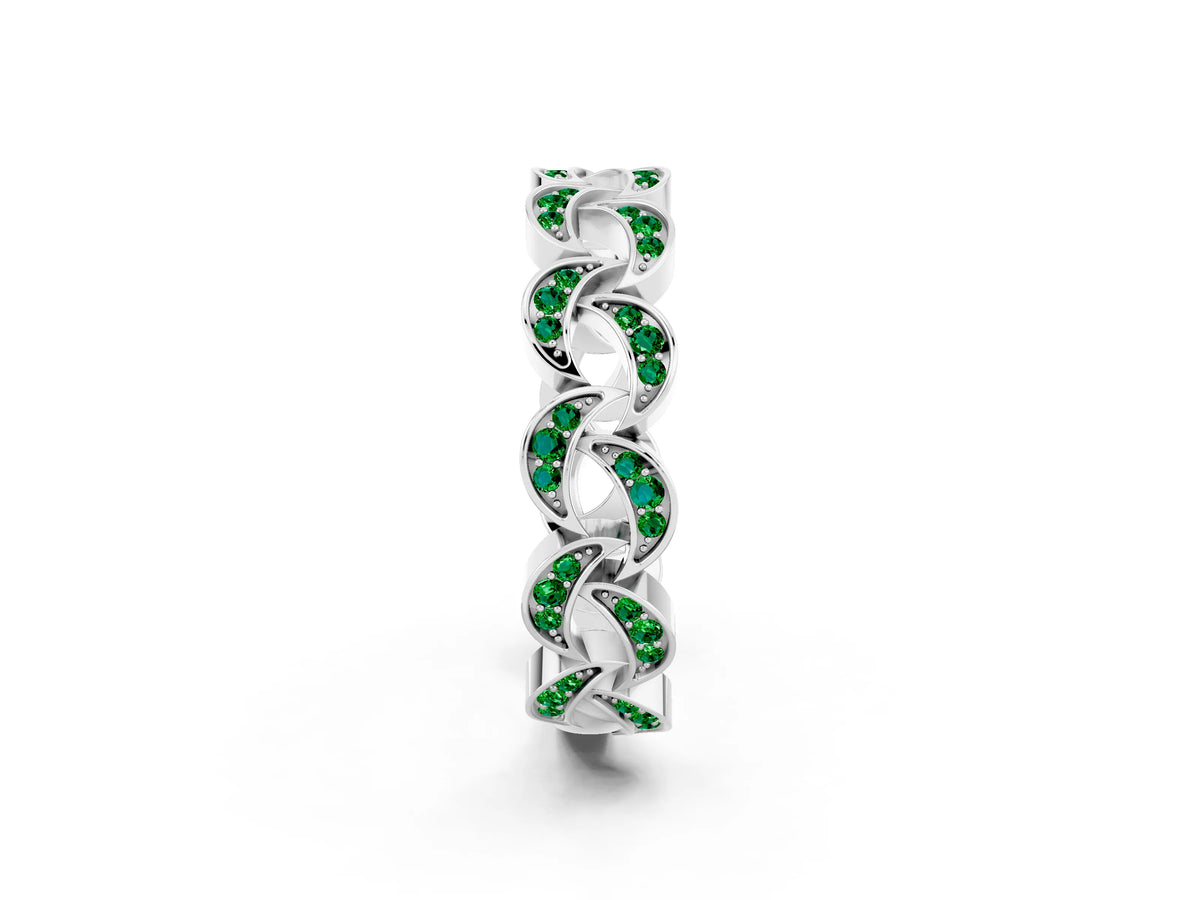 Pavé Round Emerald Interlocking Eternity Band in Silver with Bezel Prong Setting_2