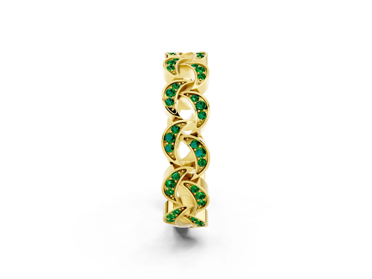 Pavé Round Emerald Interlocking Eternity Band in Yellow gold with Bezel Prong Setting_2