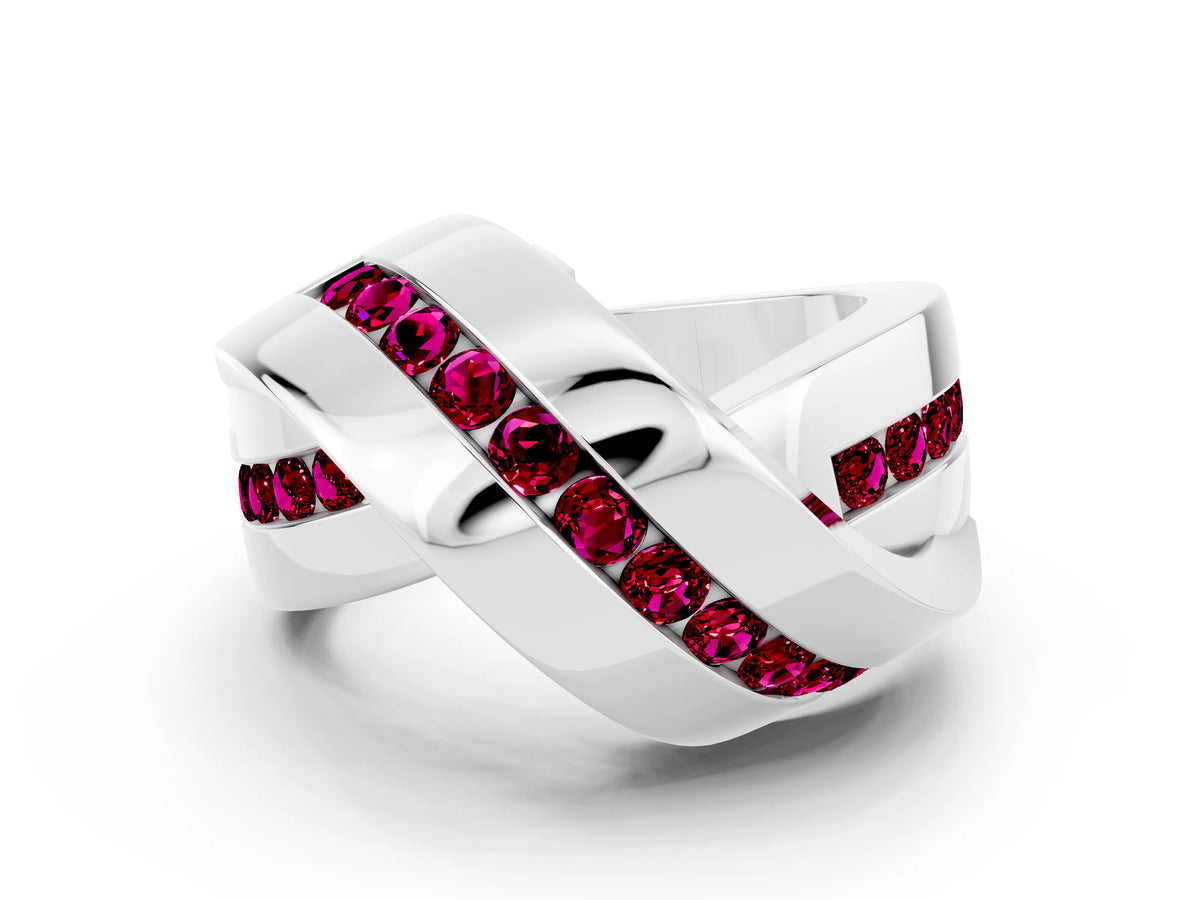Pavé Round Garnet Crossover Band in Silver with Channel Setting