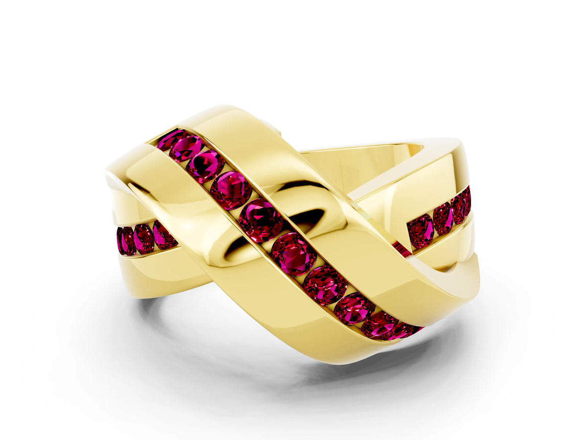 Pavé Round Garnet Crossover Band in Yellow gold with Channel Setting
