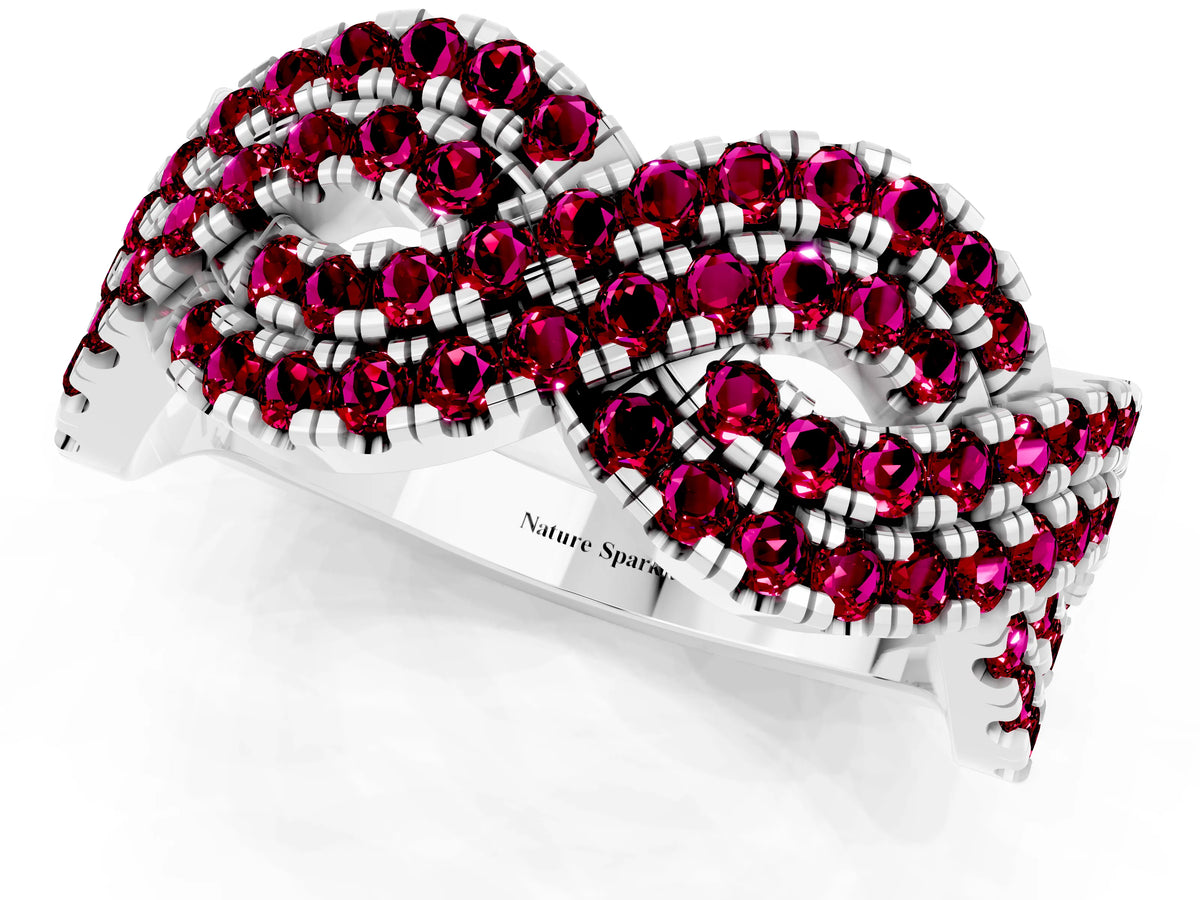 Pavé Round Garnet Infinity Twist Band in Silver with Shared Prong Setting_1