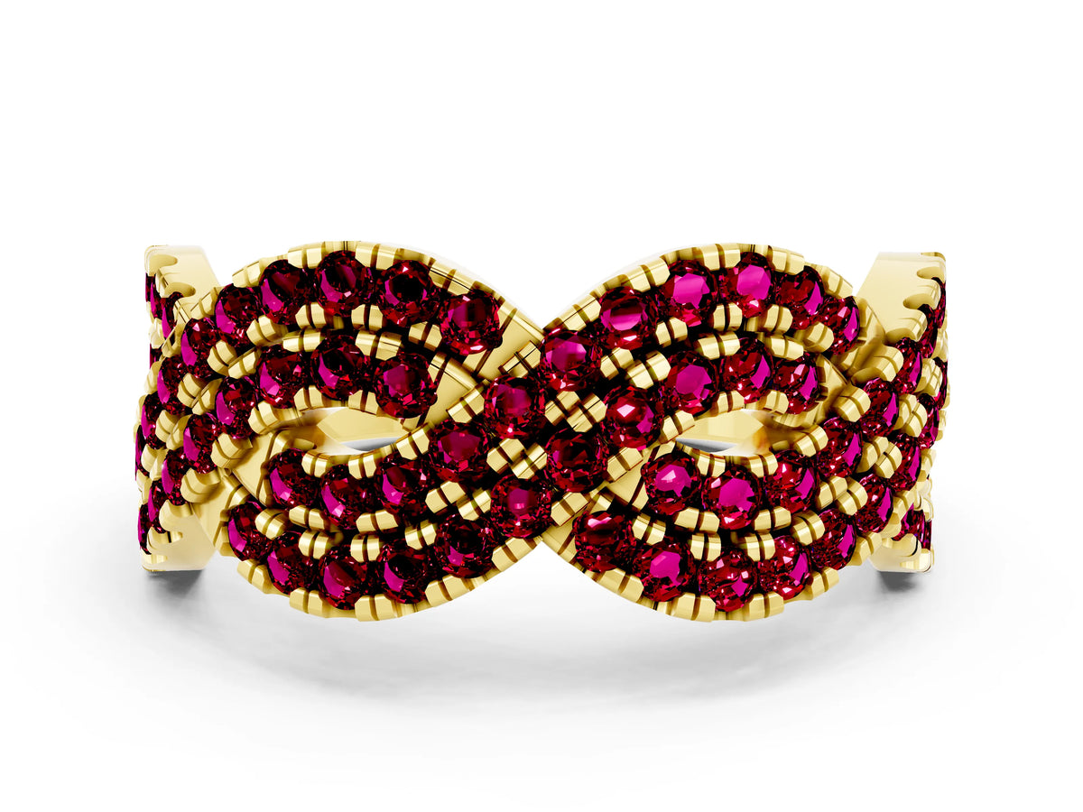Pavé Round Garnet Infinity Twist Band in Yellow gold with Shared Prong Setting