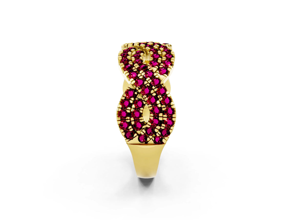 Pavé Round Garnet Infinity Twist Band in Yellow gold with Shared Prong Setting_2