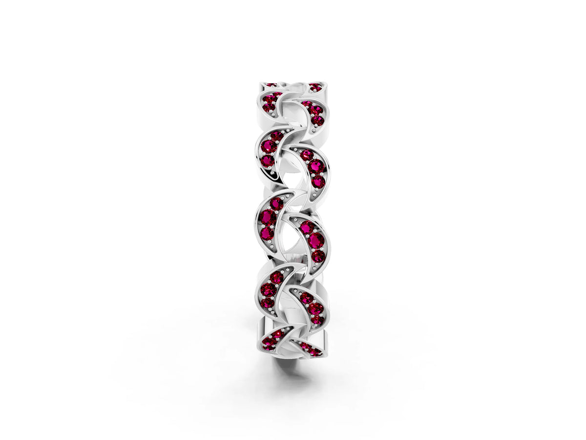 Pavé Round Garnet Interlocking Eternity Band in Platinum with Bezel Prong Setting_2