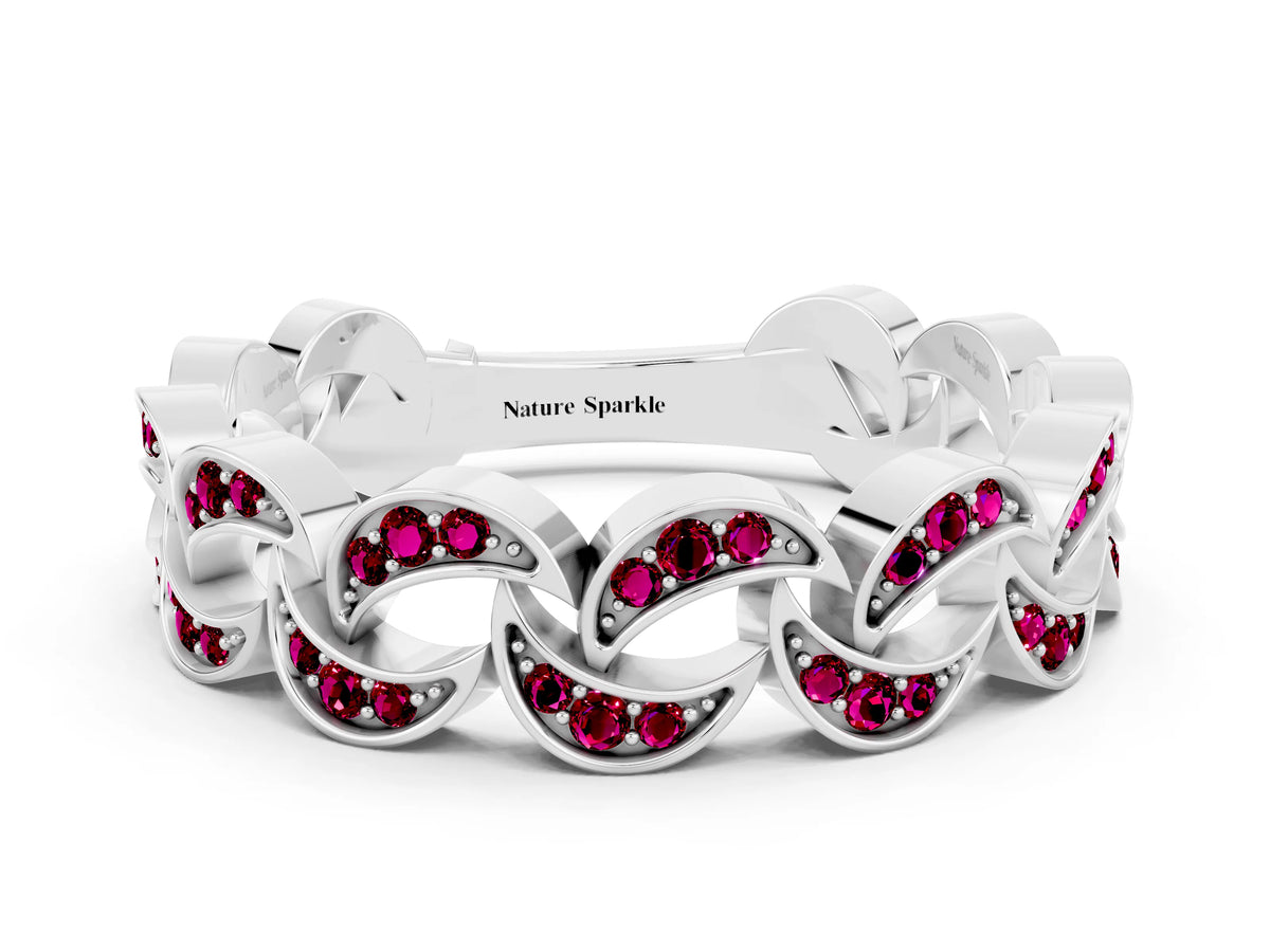 Pavé Round Garnet Interlocking Eternity Band in Silver with Bezel Prong Setting