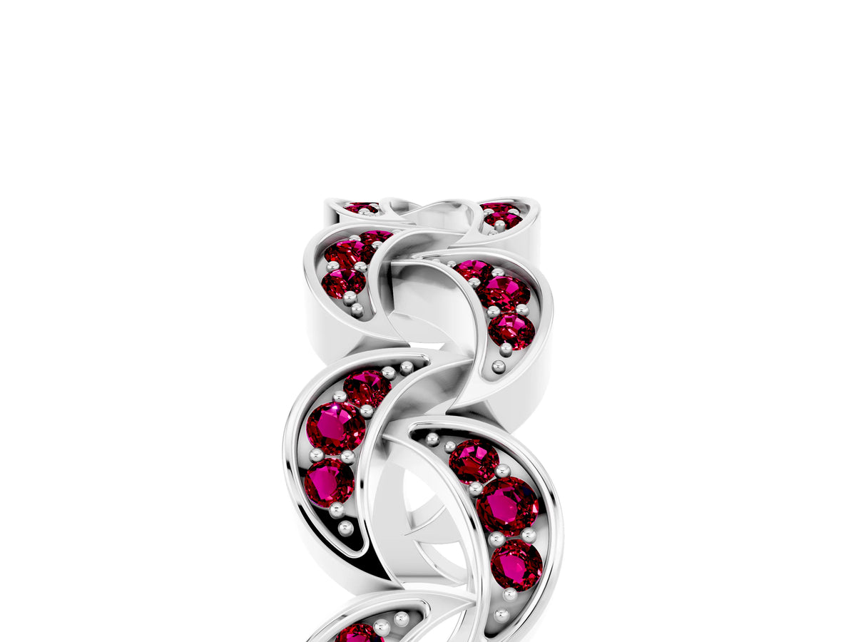Pavé Round Garnet Interlocking Eternity Band in Silver with Bezel Prong Setting_5