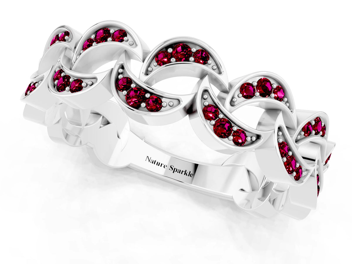 Pavé Round Garnet Interlocking Eternity Band in White gold with Bezel Prong Setting_1