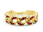 Pavé Round Garnet Interlocking Eternity Band in Yellow gold with Bezel Prong Setting