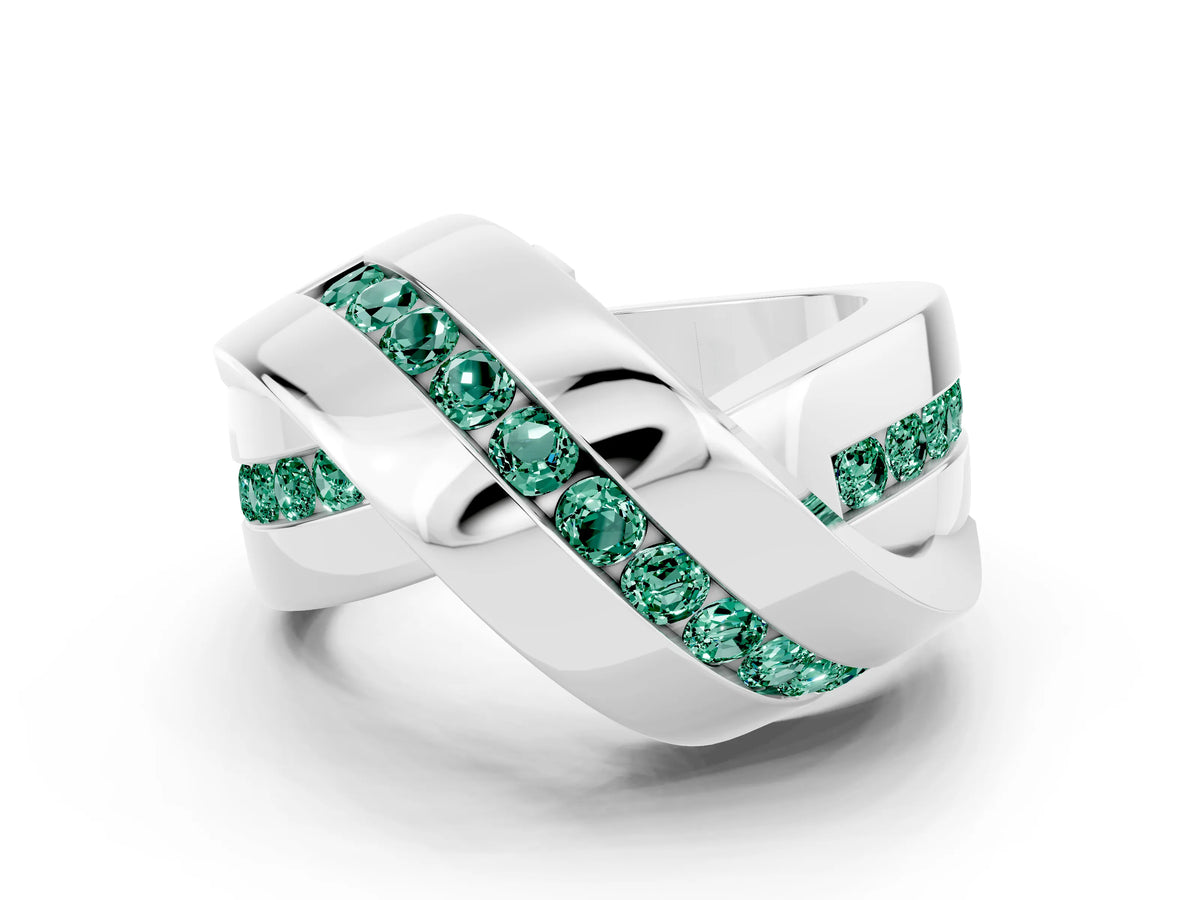 Pavé Round Green Sapphire Crossover Band in White gold with Channel Setting