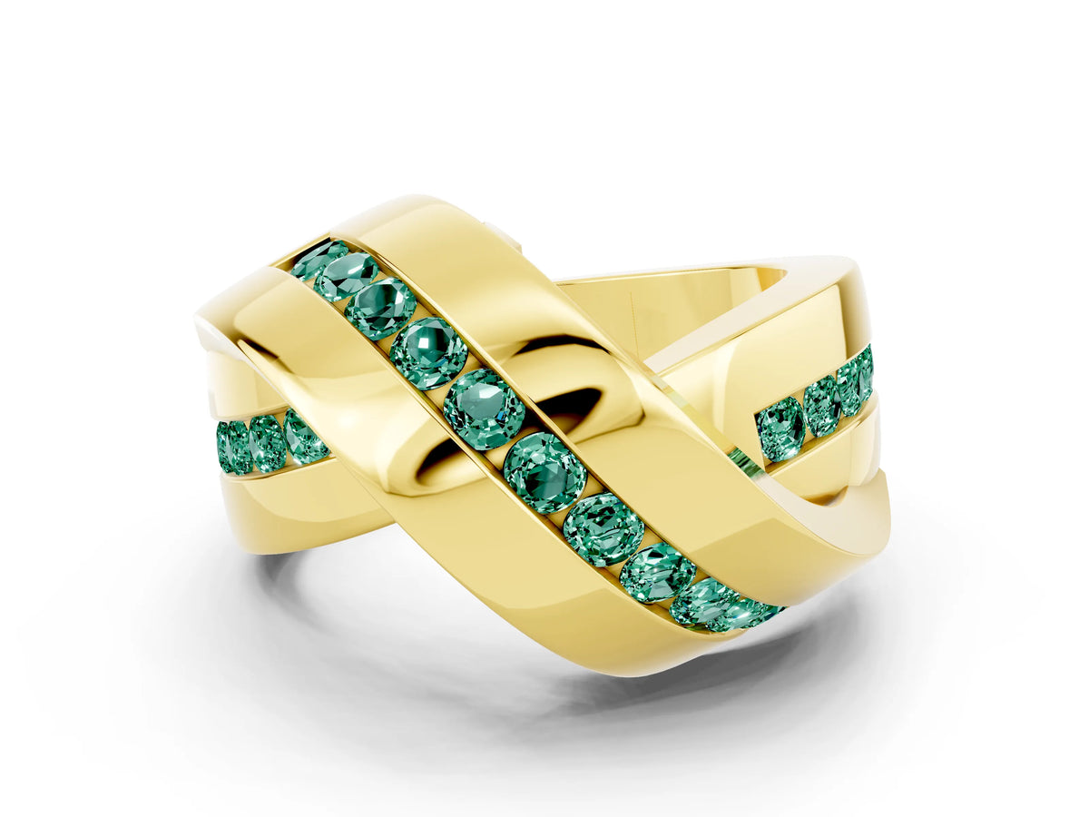 Pavé Round Green Sapphire Crossover Band in Yellow gold with Channel Setting
