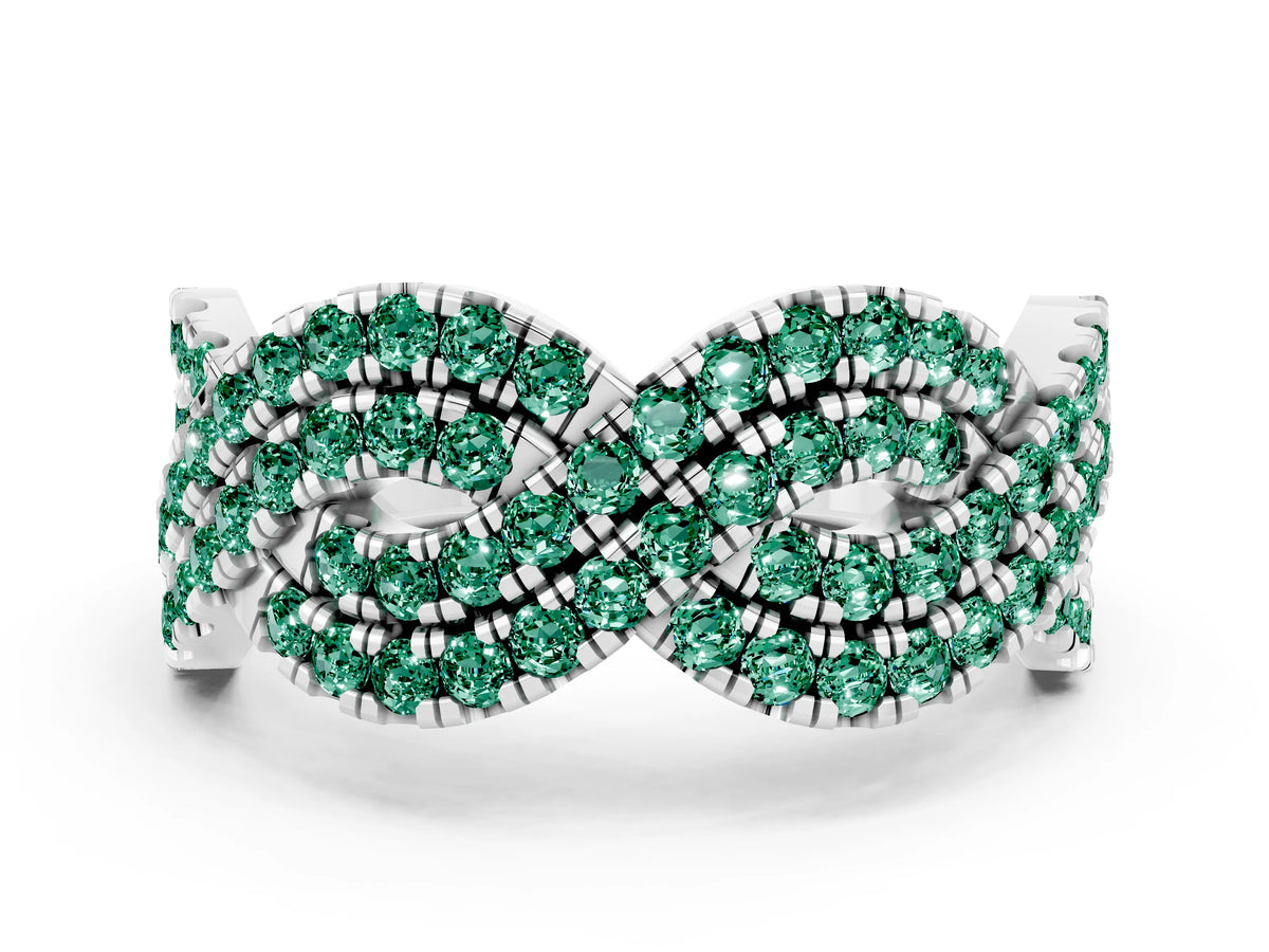 Pavé Round Green Sapphire Infinity Twist Band in Platinum with Shared Prong Setting