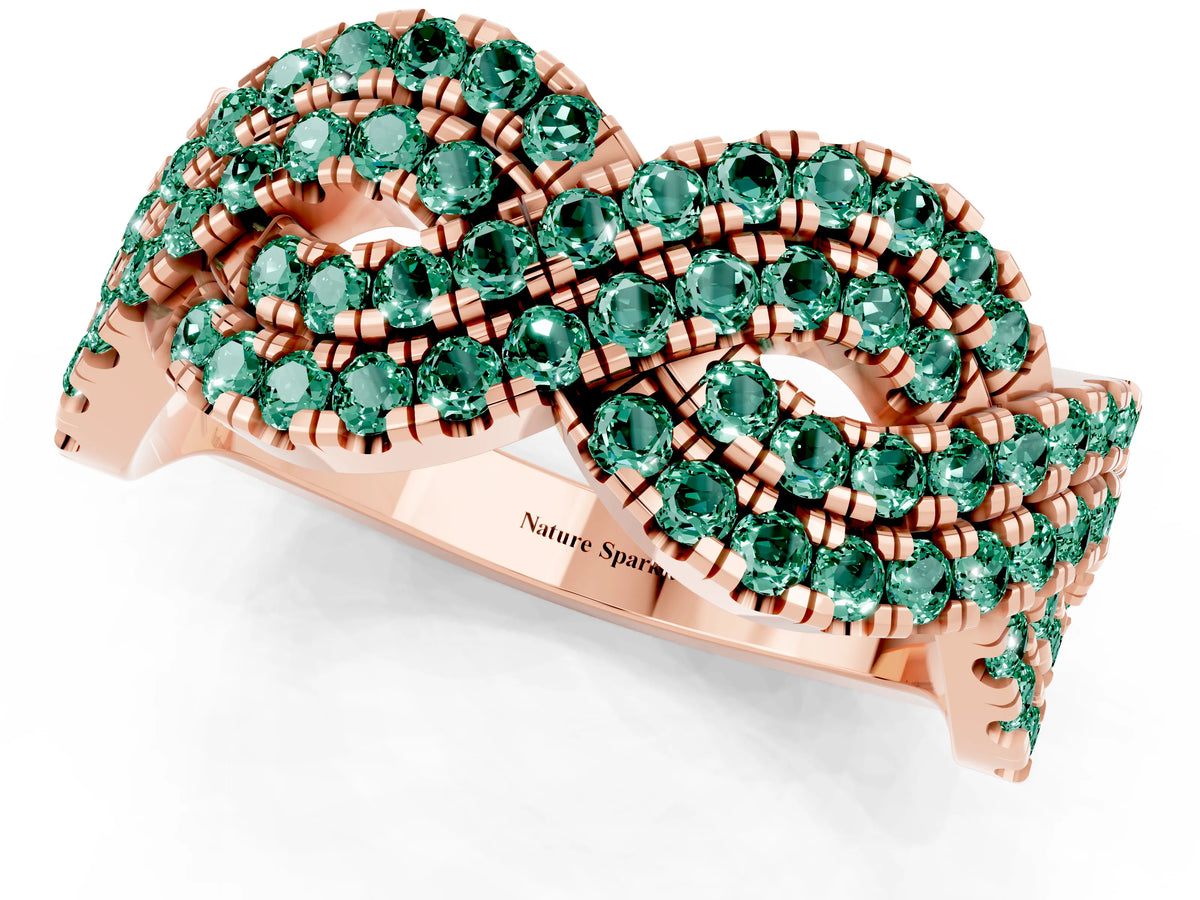 Pavé Round Green Sapphire Infinity Twist Band in Rose gold with Shared Prong Setting_1
