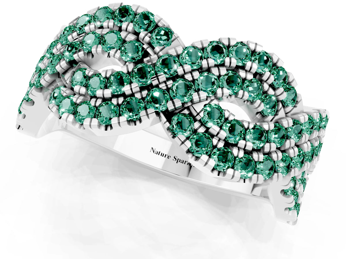 Pavé Round Green Sapphire Infinity Twist Band in Silver with Shared Prong Setting_1