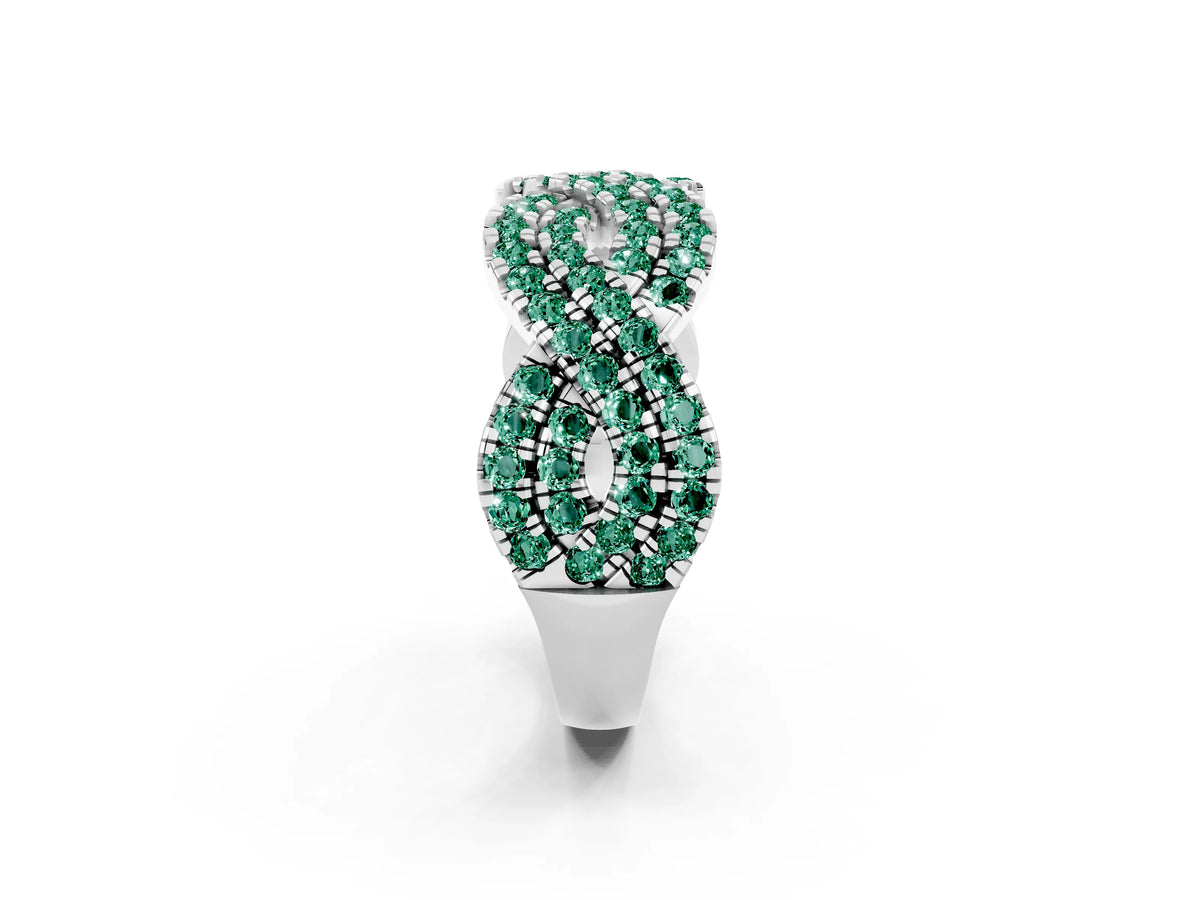 Pavé Round Green Sapphire Infinity Twist Band in White gold with Shared Prong Setting_2