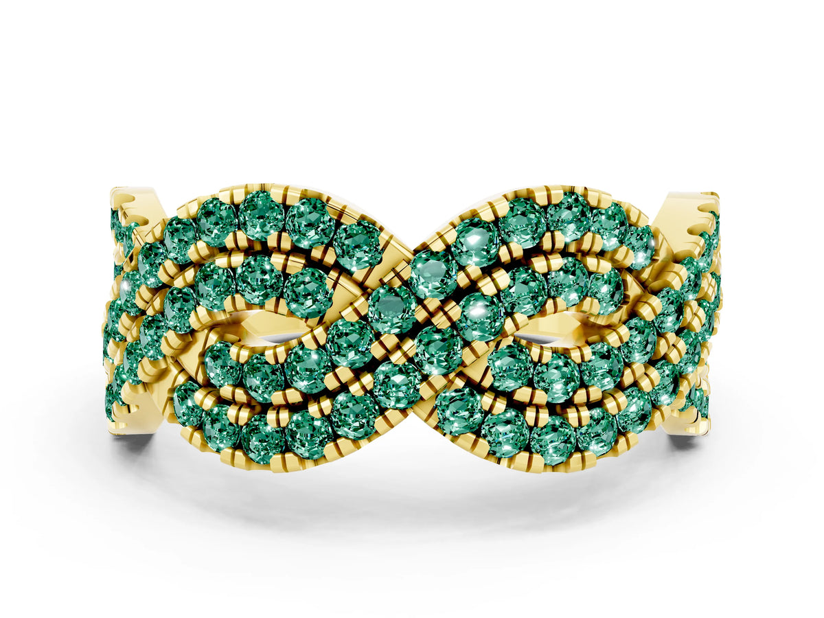 Pavé Round Green Sapphire Infinity Twist Band in Yellow gold with Shared Prong Setting