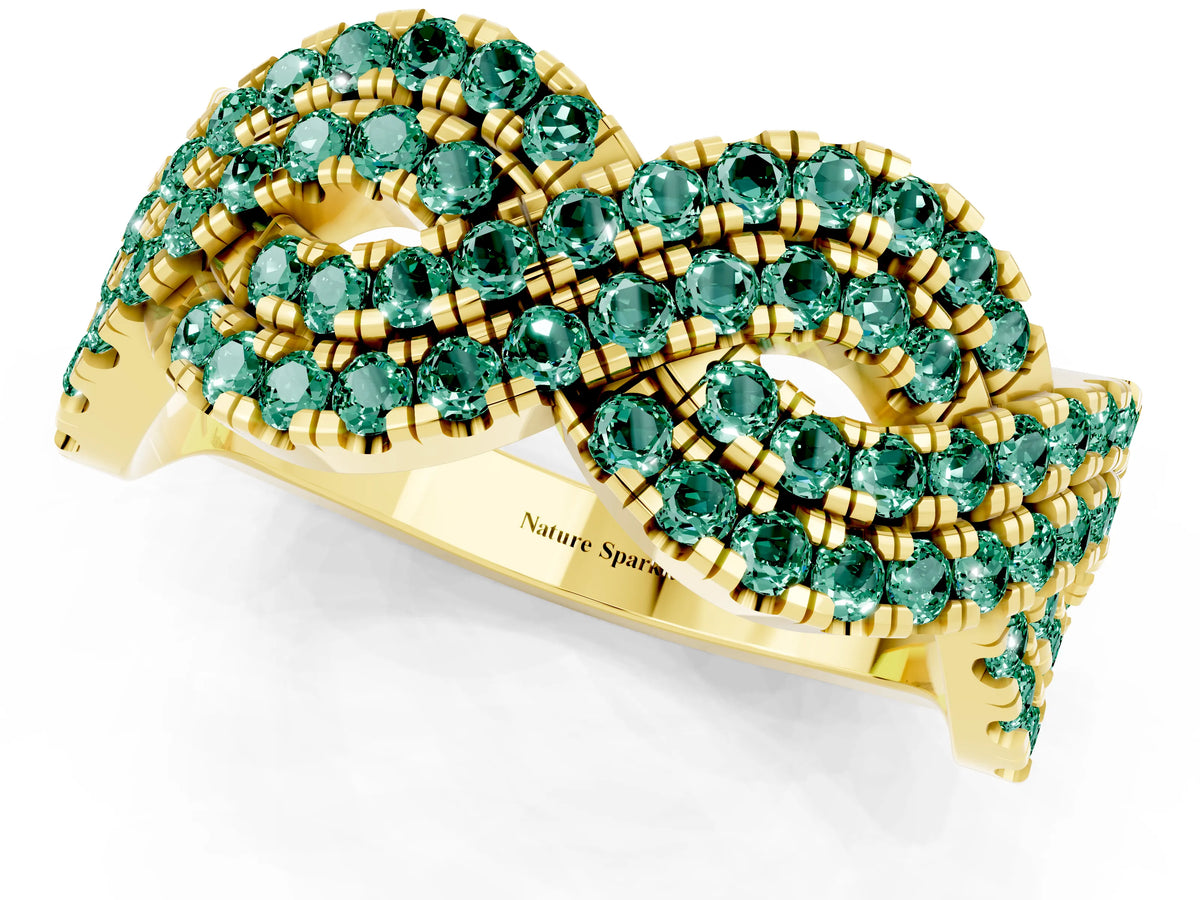 Pavé Round Green Sapphire Infinity Twist Band in Yellow gold with Shared Prong Setting_1