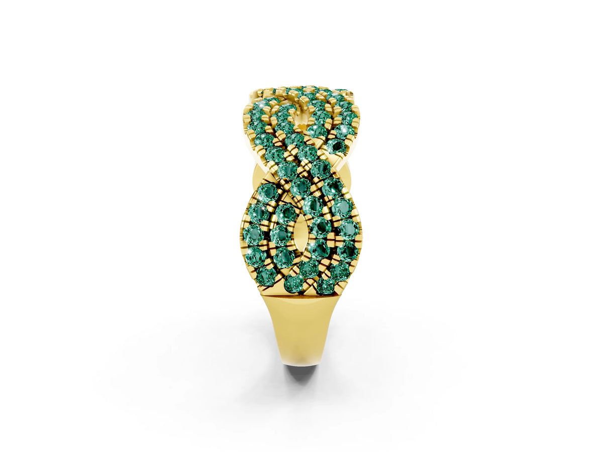 Pavé Round Green Sapphire Infinity Twist Band in Yellow gold with Shared Prong Setting_2