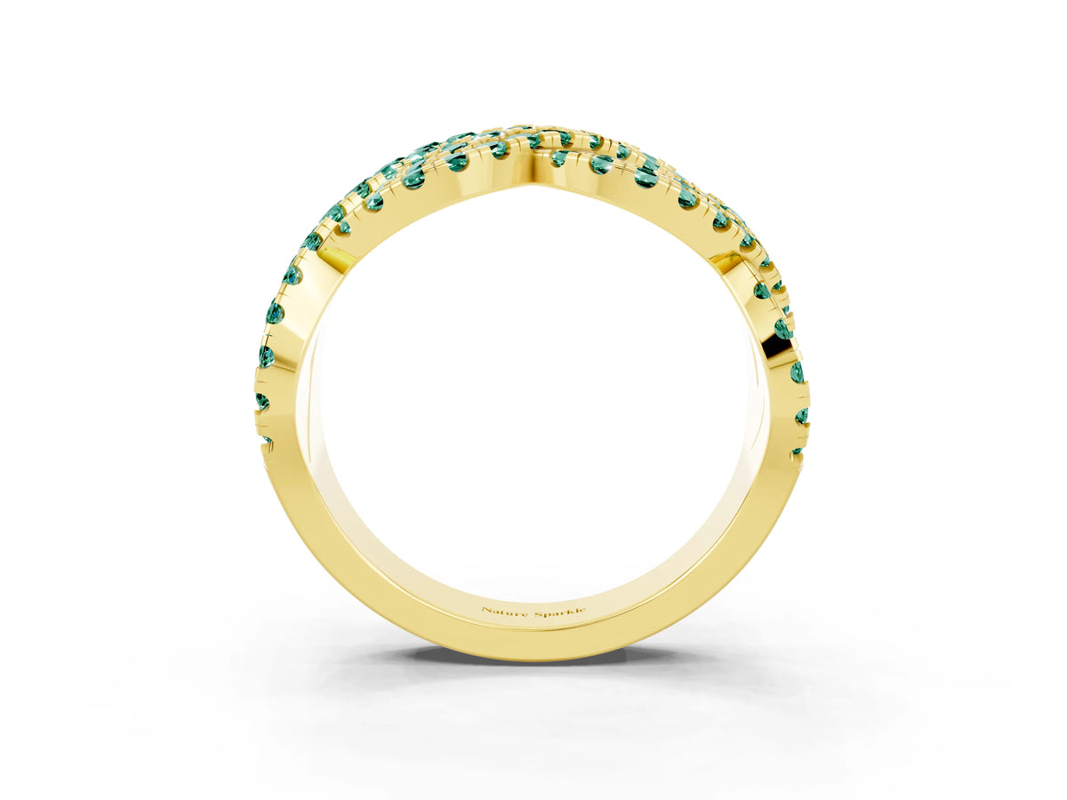 Pavé Round Green Sapphire Infinity Twist Band in Yellow gold with Shared Prong Setting_3