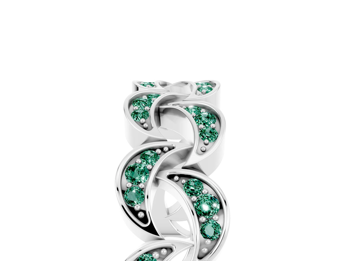 Pavé Round Green Sapphire Interlocking Eternity Band in Platinum with Bezel Prong Setting_5