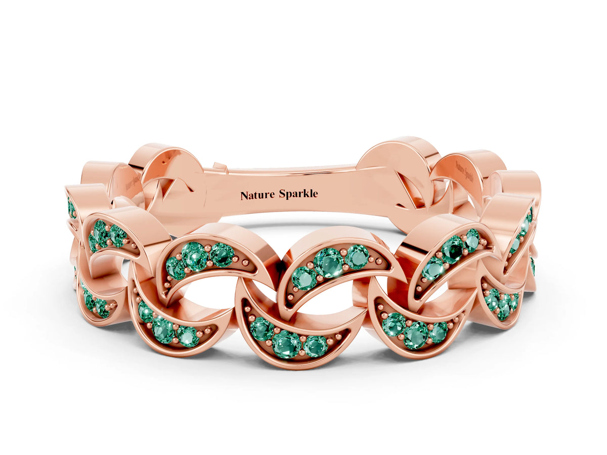Pavé Round Green Sapphire Interlocking Eternity Band in Rose gold with Bezel Prong Setting