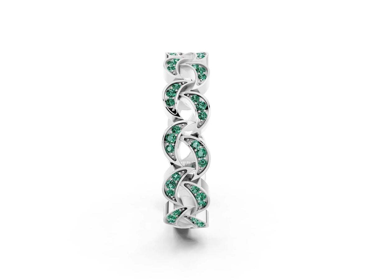 Pavé Round Green Sapphire Interlocking Eternity Band in Silver with Bezel Prong Setting_2