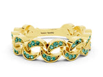 Pavé Round Green Sapphire Interlocking Eternity Band in Yellow gold with Bezel Prong Setting