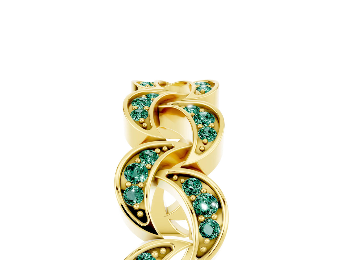 Pavé Round Green Sapphire Interlocking Eternity Band in Yellow gold with Bezel Prong Setting_5