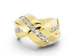 Pavé Round Moissanite Crossover Band in Yellow gold with Channel Setting