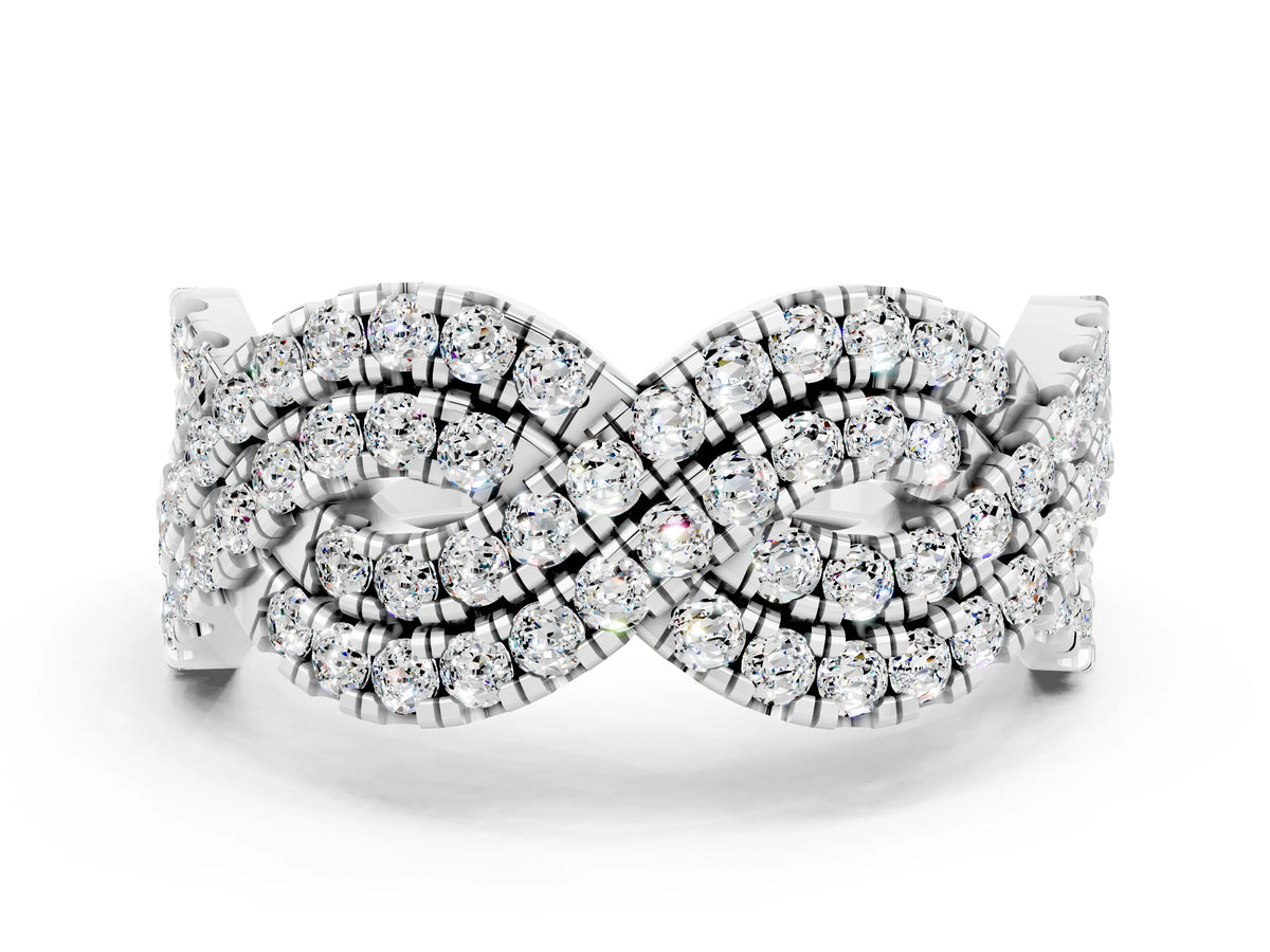 Pavé Round Moissanite Infinity Twist Band in Platinum with Shared Prong Setting