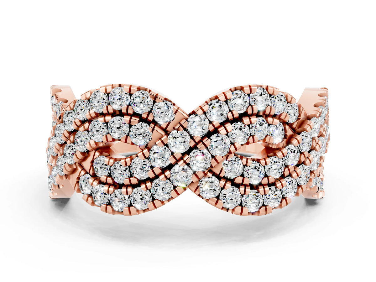 Pavé Round Moissanite Infinity Twist Band in Rose gold with Shared Prong Setting