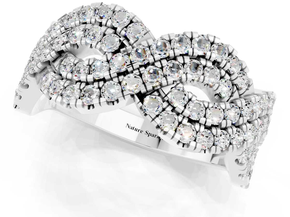 Pavé Round Moissanite Infinity Twist Band in Silver with Shared Prong Setting_1
