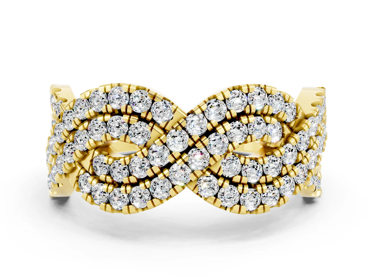 Pavé Round Moissanite Infinity Twist Band in Yellow gold with Shared Prong Setting
