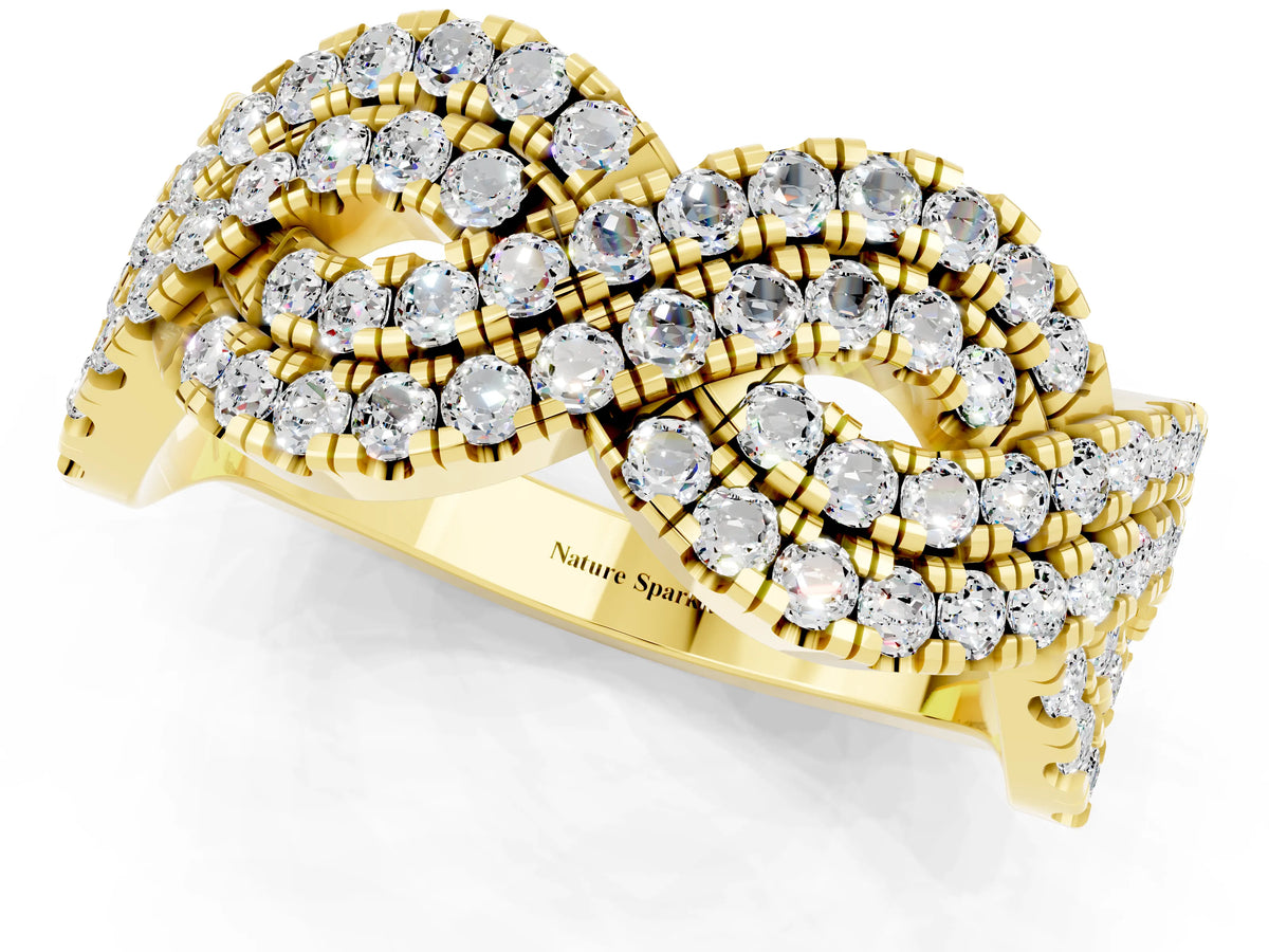 Pavé Round Moissanite Infinity Twist Band in Yellow gold with Shared Prong Setting_1