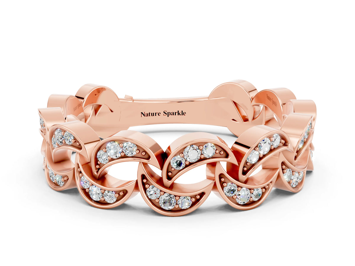Pavé Round Moissanite Interlocking Eternity Band in Rose gold with Bezel Prong Setting