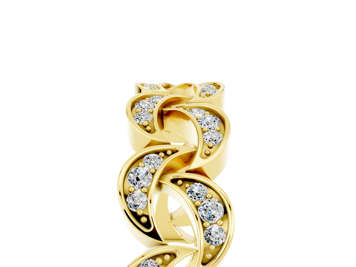 Pavé Round Moissanite Interlocking Eternity Band in Yellow gold with Bezel Prong Setting_5