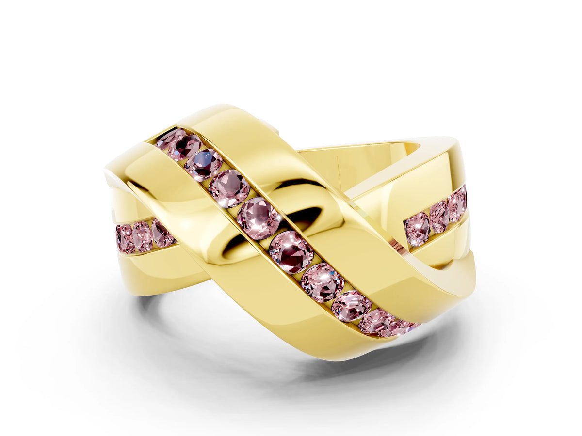 Pavé Round Morganite Crossover Band in Yellow gold with Channel Setting