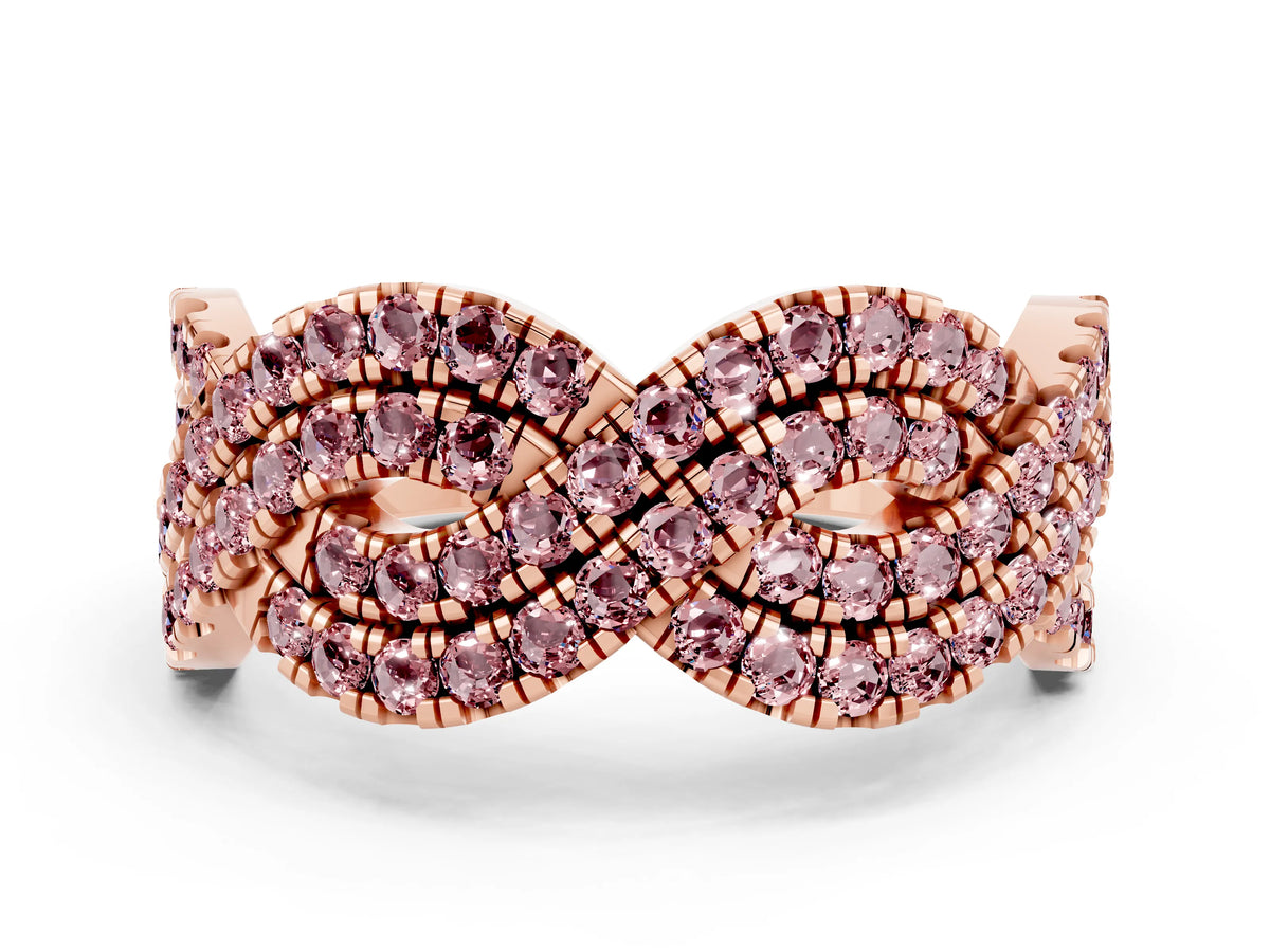 Pavé Round Morganite Infinity Twist Band in Rose gold with Shared Prong Setting