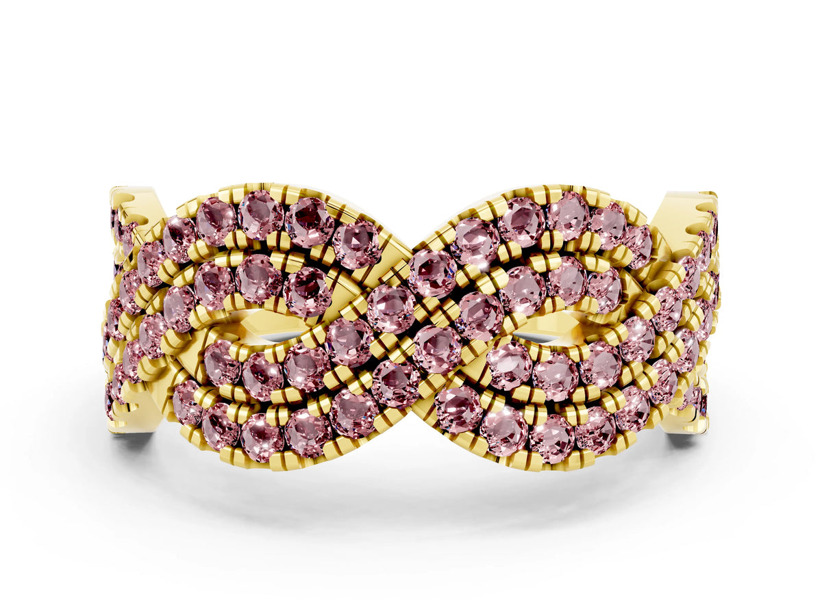 Pavé Round Morganite Infinity Twist Band in Yellow gold with Shared Prong Setting