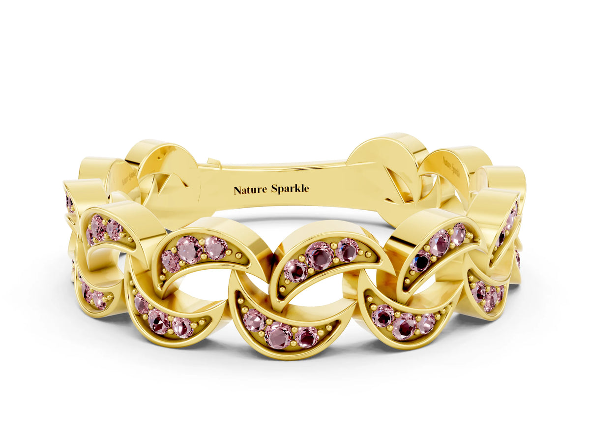 Pavé Round Morganite Interlocking Eternity Band in Yellow gold with Bezel Prong Setting