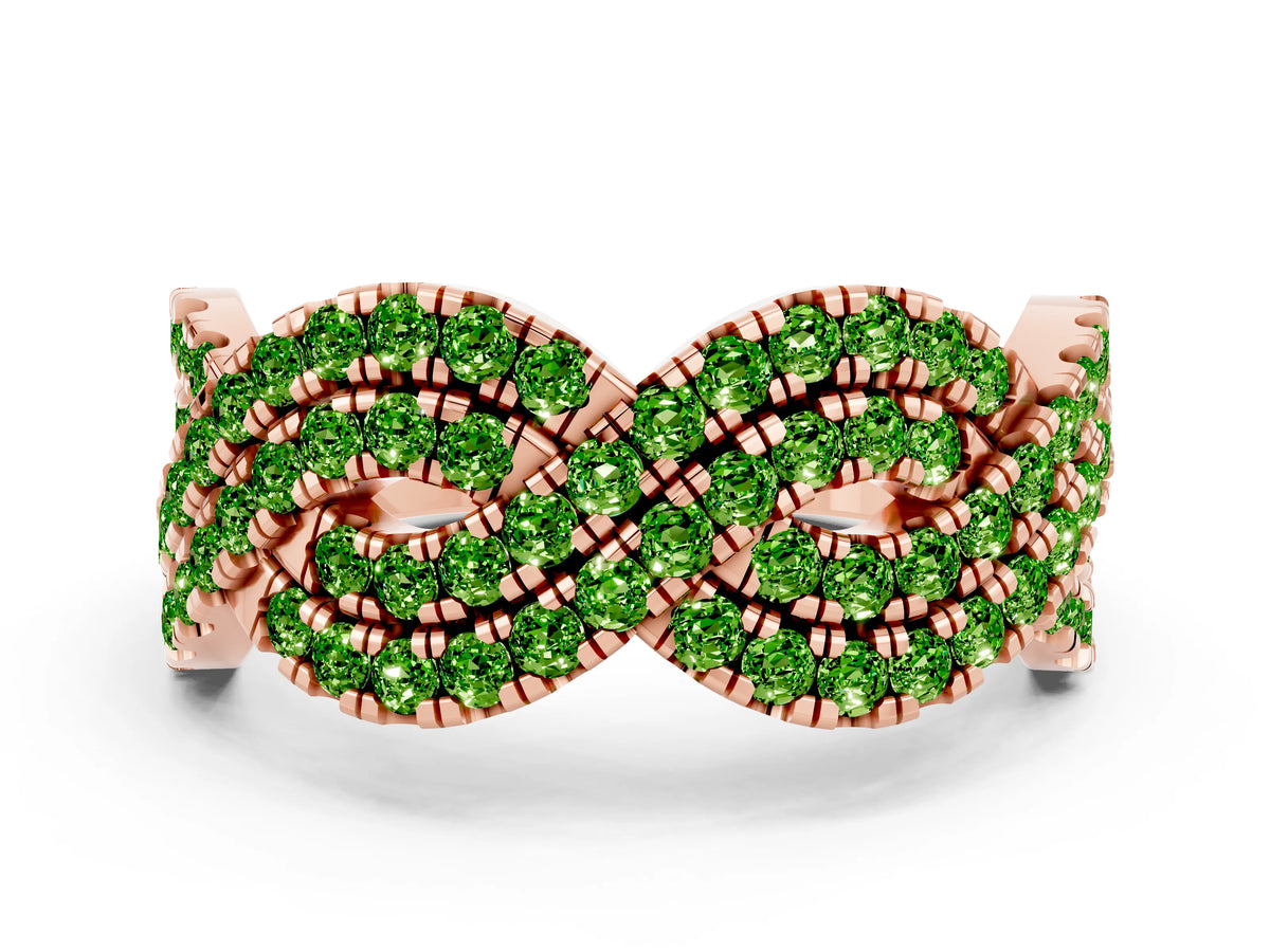 Pavé Round Peridot Infinity Twist Band in Rose gold with Shared Prong Setting