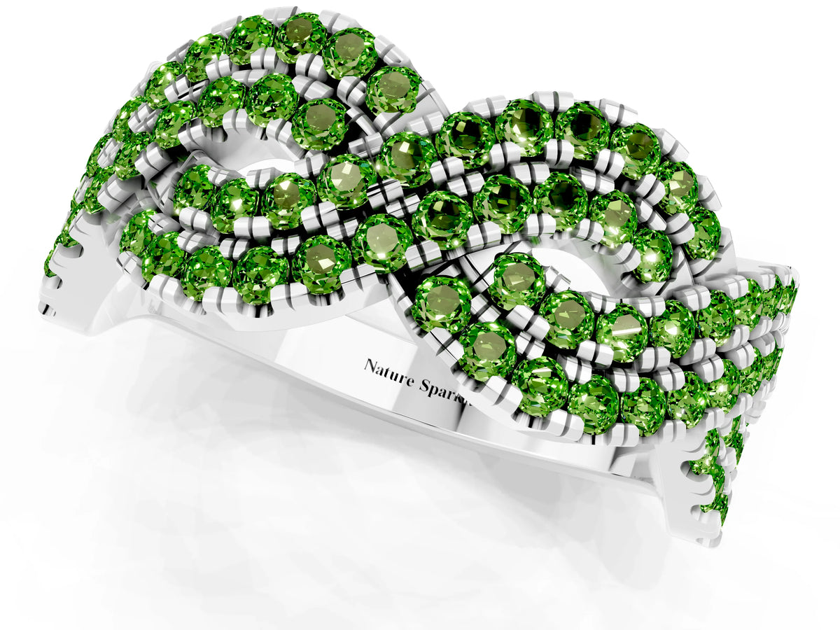Pavé Round Peridot Infinity Twist Band in Silver with Shared Prong Setting_1
