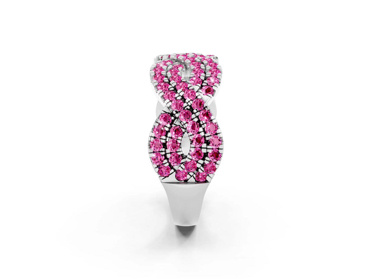 Pavé Round Pink Sapphire Infinity Twist Band in Platinum with Shared Prong Setting_2