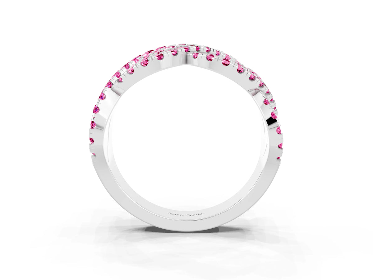 Pavé Round Pink Sapphire Infinity Twist Band in Platinum with Shared Prong Setting_3