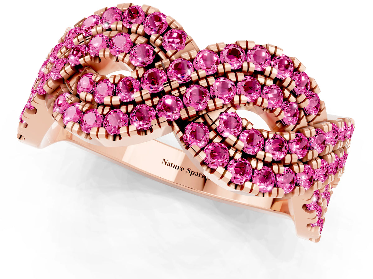 Pavé Round Pink Sapphire Infinity Twist Band in Rose gold with Shared Prong Setting_1