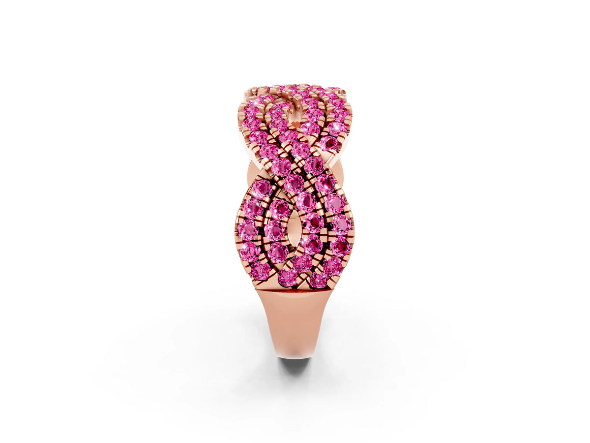 Pavé Round Pink Sapphire Infinity Twist Band in Rose gold with Shared Prong Setting_2