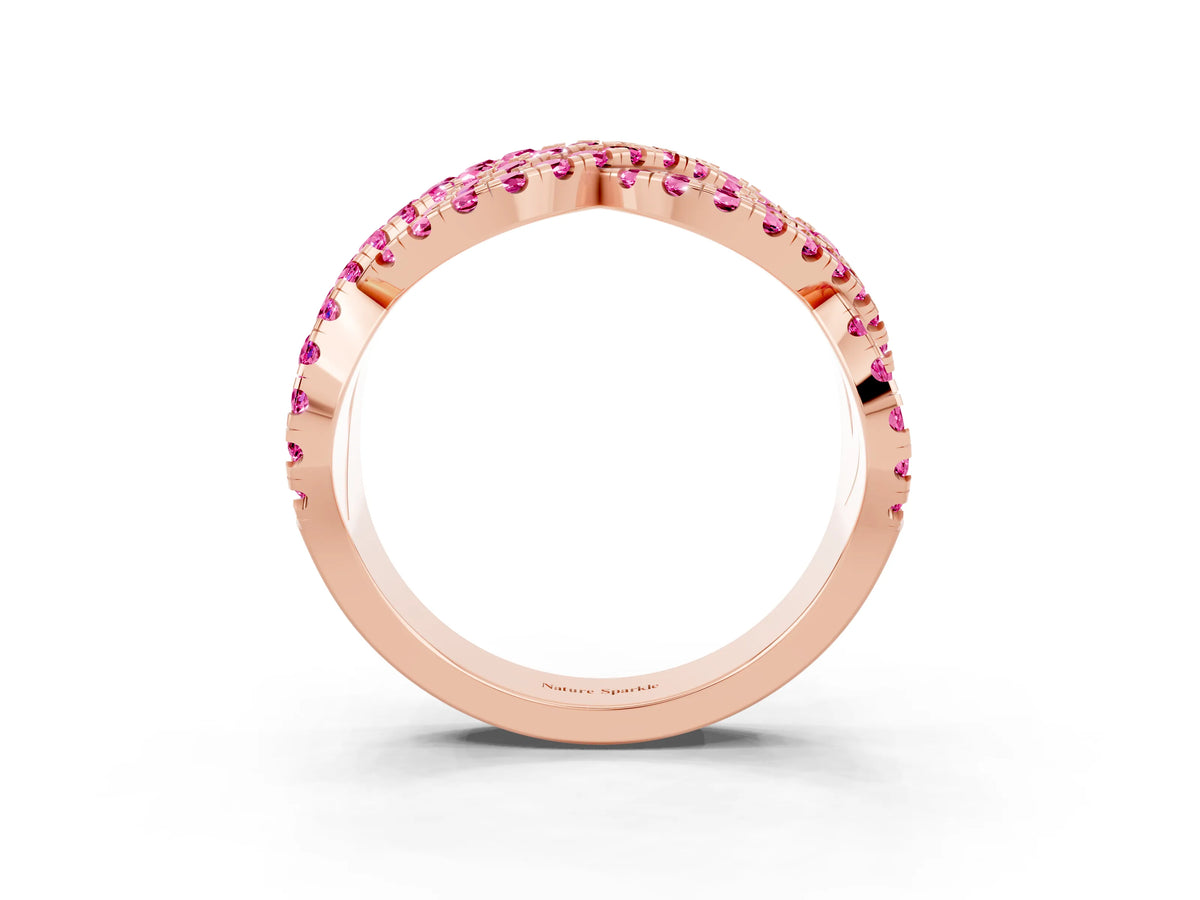 Pavé Round Pink Sapphire Infinity Twist Band in Rose gold with Shared Prong Setting_3