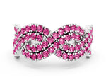 Pavé Round Pink Sapphire Infinity Twist Band in Silver with Shared Prong Setting