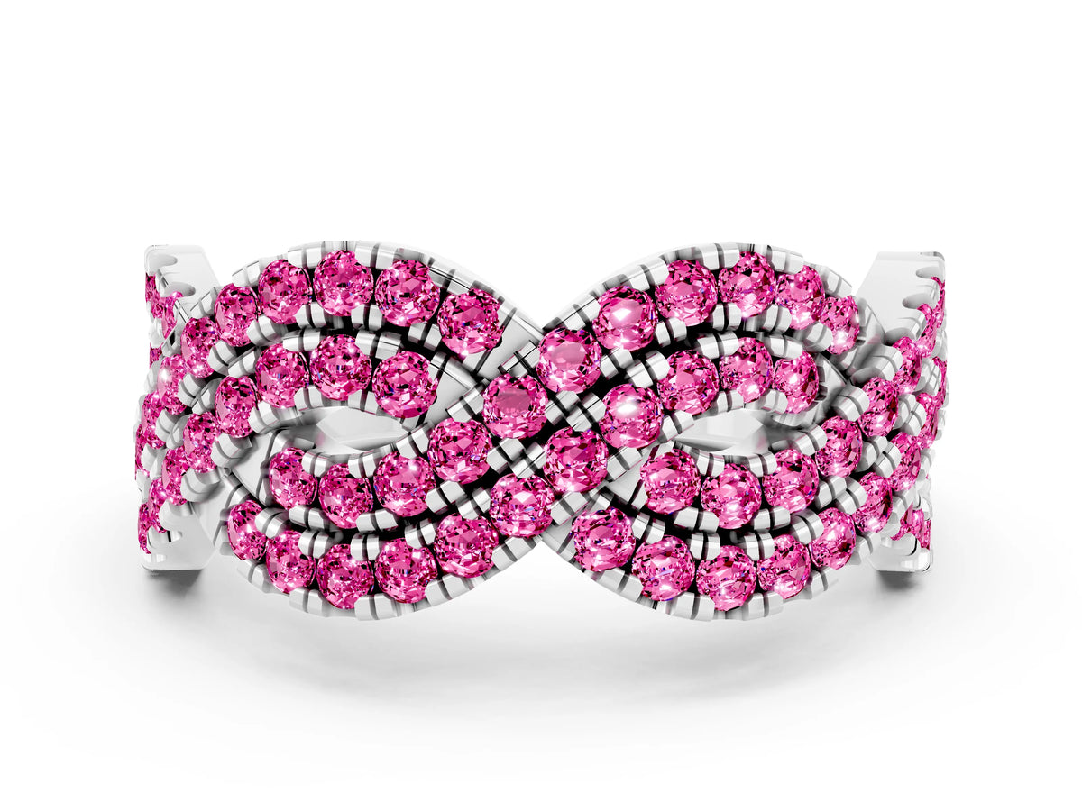 Pavé Round Pink Sapphire Infinity Twist Band in Silver with Shared Prong Setting